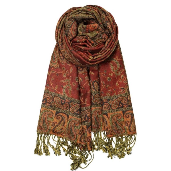 large rust red reversible paisley pashmina shawl wrap scarf with fringes