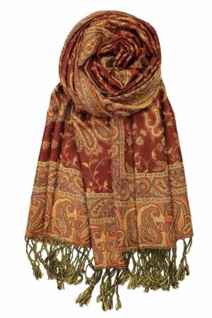 large rust reversible paisley pashmina shawl wrap scarf - 28" width x 80” length with fringes