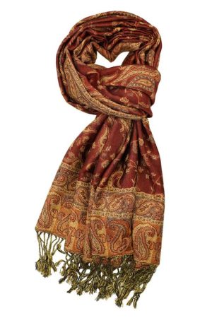 large rust reversible paisley pashmina shawl wrap scarf - 28" width x 80” length with fringes