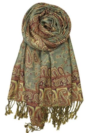 large sage green reversible paisley pashmina shawl wrap scarf with fringes