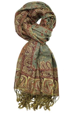 large sage green reversible paisley pashmina shawl wrap scarf with fringes