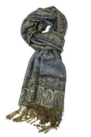 large steel blue reversible paisley pashmina shawl wrap scarf with fringes