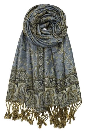 large steel blue reversible paisley pashmina shawl wrap scarf with fringes