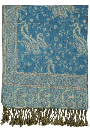 large teal reversible paisley pashmina shawl wrap scarf with fringes