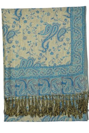 large teal reversible paisley pashmina shawl wrap scarf with fringes