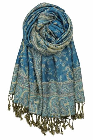large teal reversible paisley pashmina shawl wrap scarf with fringes