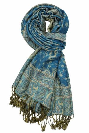 large teal reversible paisley pashmina shawl wrap scarf with fringes