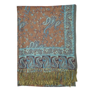 large turquoise reversible paisley pashmina shawl wrap scarf with fringes
