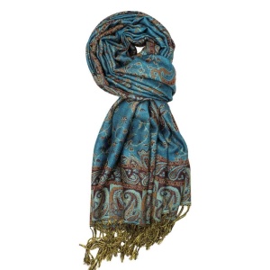 large turquoise reversible paisley pashmina shawl wrap scarf with fringes