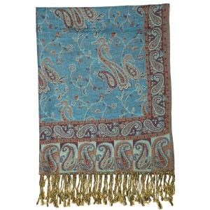 large turquoise reversible paisley pashmina shawl wrap scarf with fringes