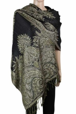 large black big paisley pashmina shawl wrap scarf with fringes