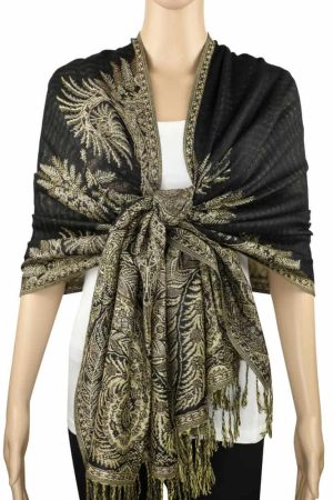 large black big paisley pashmina shawl wrap scarf with fringes