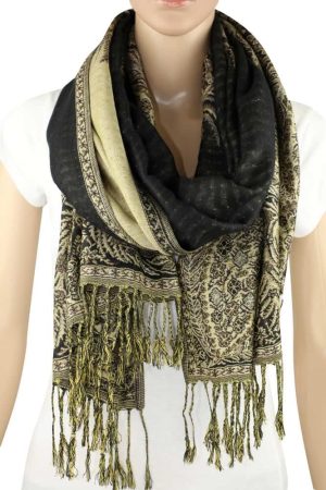 large black big paisley pashmina shawl wrap scarf with fringes
