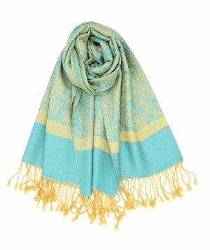 blue yellow jacquard paisley pashmina scarf