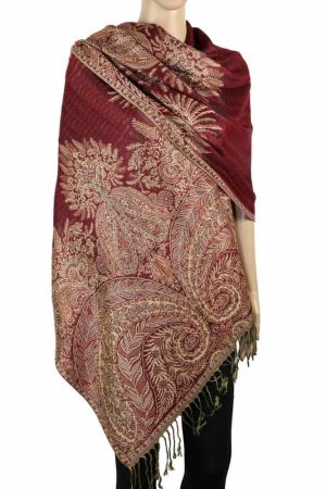 large burgundy big paisley pashmina shawl wrap scarf with fringes