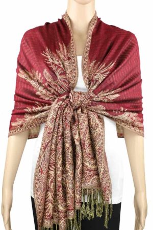 large burgundy big paisley pashmina shawl wrap scarf with fringes