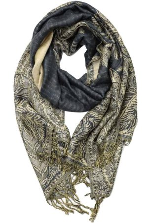 large charcoal gray big paisley pashmina shawl wrap scarf with fringes