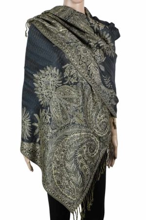 large charcoal gray big paisley pashmina shawl wrap scarf with fringes