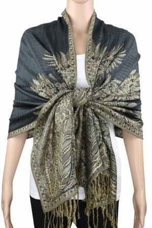 large charcoal gray big paisley pashmina shawl wrap scarf with fringes