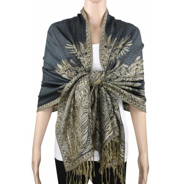 large charcoal gray big paisley pashmina shawl wrap scarf with fringes