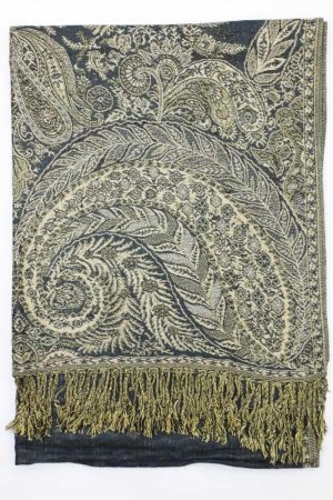 large charcoal gray big paisley pashmina shawl wrap scarf with fringes
