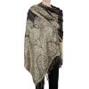 large dark brown big paisley pashmina shawl wrap scarf with fringes
