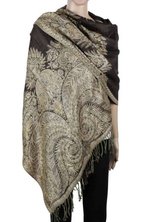 large dark brown big paisley pashmina shawl wrap scarf with fringes