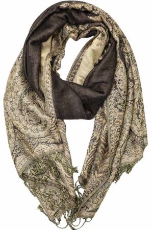 large dark brown big paisley pashmina shawl wrap scarf with fringes