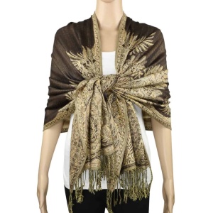 large dark brown big paisley pashmina shawl wrap scarf with fringes