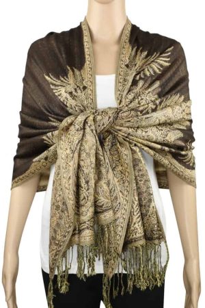 large dark brown big paisley pashmina shawl wrap scarf with fringes