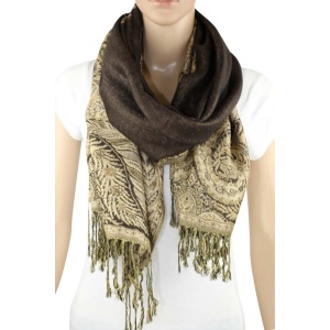large dark brown big paisley pashmina shawl wrap scarf with fringes