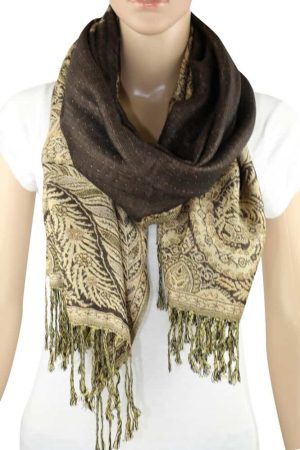 large dark brown big paisley pashmina shawl wrap scarf with fringes
