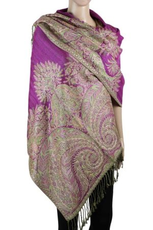 large dark magenta big paisley pashmina shawl wrap scarf with fringes