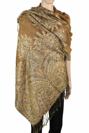 large golden brown big paisley pashmina shawl wrap scarf with fringes