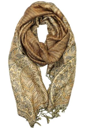 large golden brown big paisley pashmina shawl wrap scarf with fringes