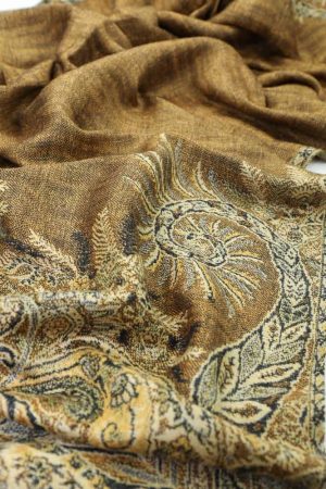 large golden brown big paisley pashmina shawl wrap scarf with fringes