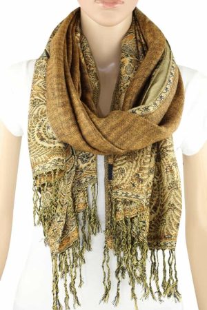 large golden brown big paisley pashmina shawl wrap scarf with fringes