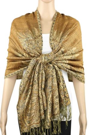 large golden brown big paisley pashmina shawl wrap scarf with fringes