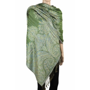 large green big paisley pashmina shawl wrap scarf with fringes
