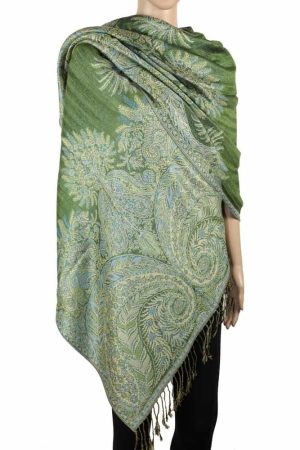 large green big paisley pashmina shawl wrap scarf with fringes