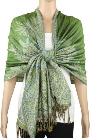 large green big paisley pashmina shawl wrap scarf with fringes