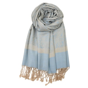 large light blue tan jacquard paisley pashmina shawl wrap scarf with fringes