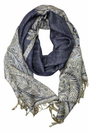 large navy big paisley pashmina shawl wrap scarf with fringes