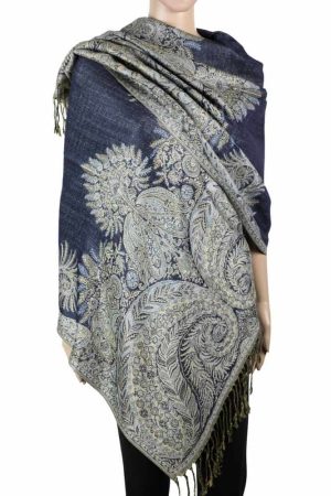 large navy big paisley pashmina shawl wrap scarf with fringes
