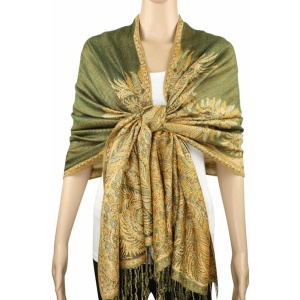 large olive green big paisley pashmina shawl wrap scarf with fringes
