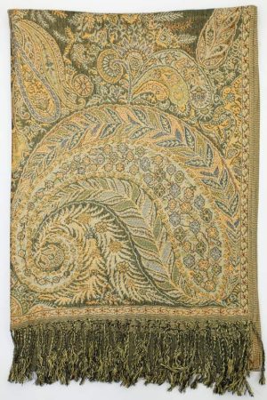 large olive green big paisley pashmina shawl wrap scarf with fringes