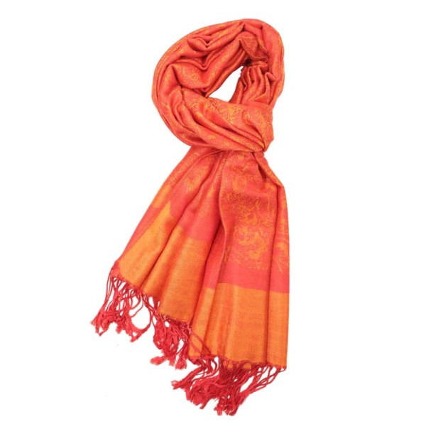 large orange jacquard paisley pashmina shawl wrap scarf with fringes