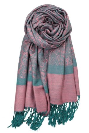 large pink teal jacquard paisley pashmina shawl wrap scarf with fringes