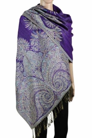 large purple big paisley pashmina shawl wrap scarf with fringes