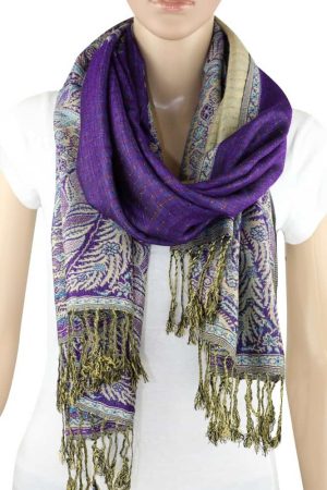 large purple big paisley pashmina shawl wrap scarf with fringes
